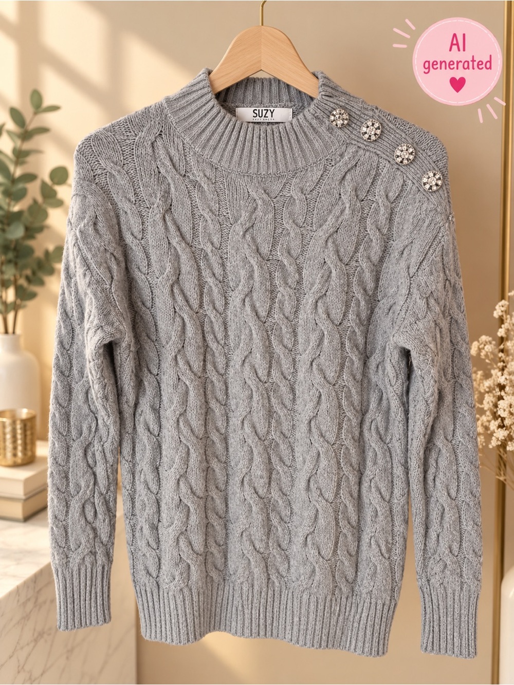 Suzy Shier Gray Cable Knit Sweater | Jeweled Shoulder Buttons | S/P